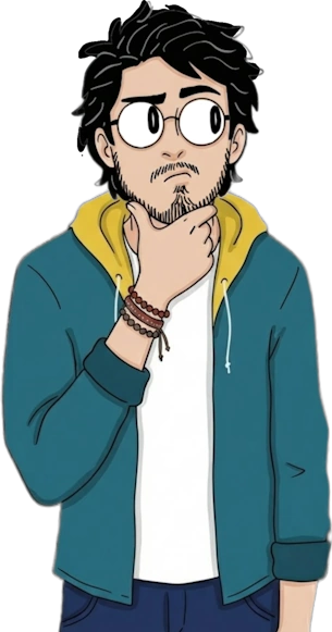 Mathieu dessiné, la main en visière, qui scrute le site.
